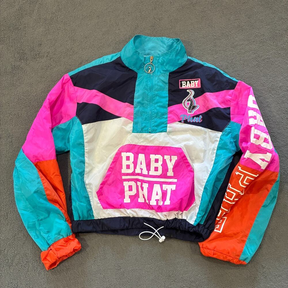 Baby Phat Teal Pink 1/4 Zip Cropped Y2K Anorak Windbreaker Jacket Youth Size XL